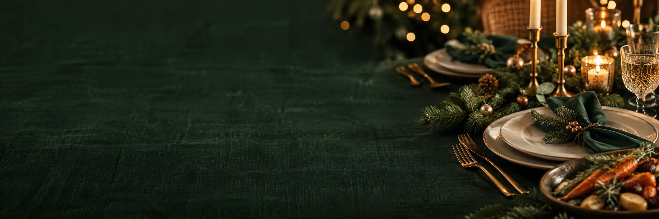 Feestelijk gedekte kersttafel met dennengroen en warm kaarslicht